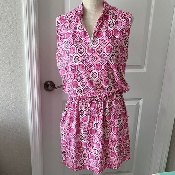 IBKUL Pink and White 1/4 Zip Drawstring Waist Dress Floral Medallion SZ L - Picture 1 of 14